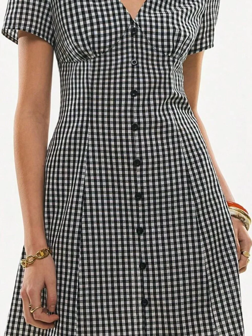 Black Casual Women's Plaid Button-Front V-Neck Mini Dress